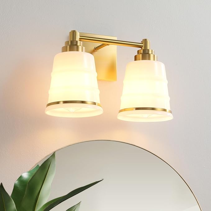 Gold Bathroom Vanity Light Fixture, 2 Light Bathroom Light Fixtures Over Mirror with Milky White Glass and Metal Base Wall Sconce,13.4 inch Modern Vanity Light for Bathroom (Exclude E26 Bulb)
