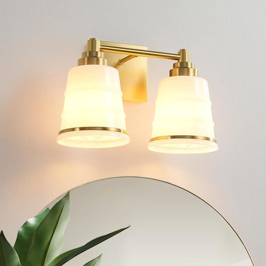 Gold Bathroom Vanity Light Fixture, 2 Light Bathroom Light Fixtures Over Mirror with Milky White Glass and Metal Base Wall Sconce,13.4 inch Modern Vanity Light for Bathroom (Exclude E26 Bulb)