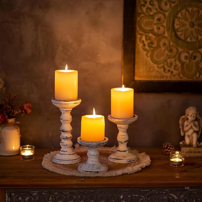 Wood Candle Holders for Pillar: Rustic Candles Holder Set of 3 Table Centerpiece Decor Wooden White Farmhouse Decorations for Fireplace Mantle