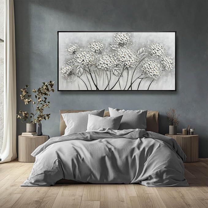 Kureful Large Artwork Flowers Oil Painting Modern Home Decorations Floral Canvas Pictures for Living Room Bedroom Kitchen Office 29" x 58" (White)