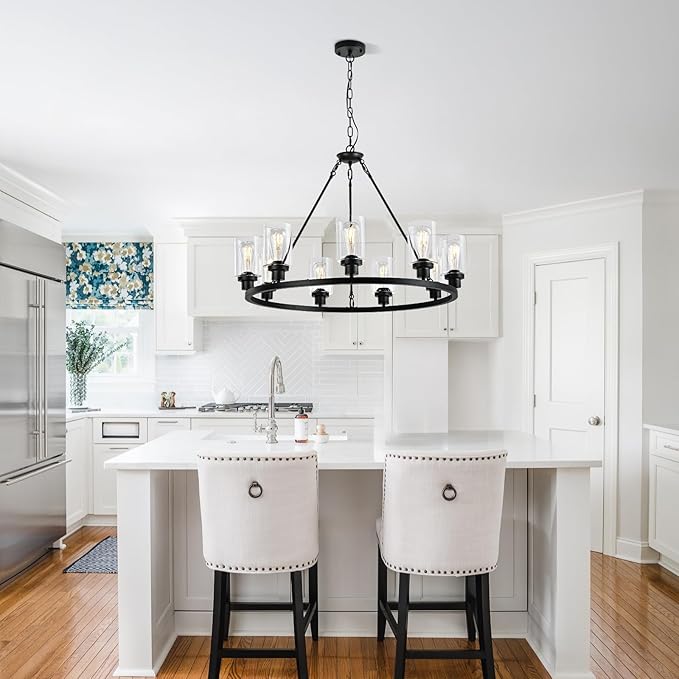 9-Light 32" Modern Farmhouse Chandeliers for Dining Room,Wagon Wheel Black Chandelier,Adjustable Height Hanging Round Pendant Lights for Kitchen Island Clear Glass Shade Ceiling Light fixtures