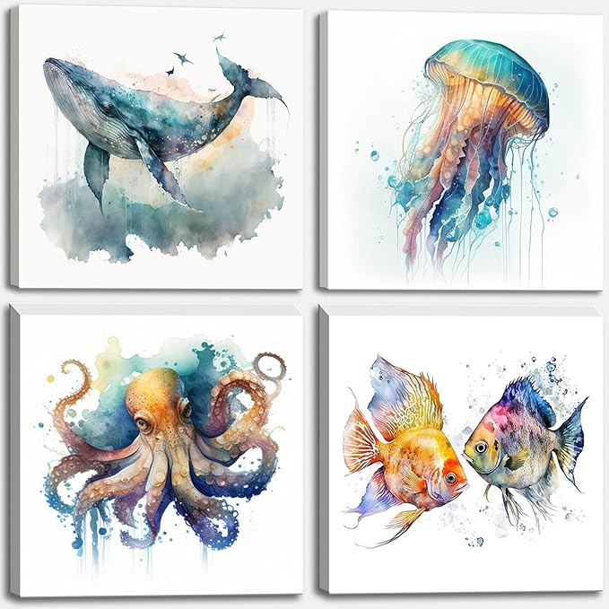 Colorful Marine Life Canvas Wall Art for Bathroom Decor, Green Jellyfish Picture Print, Watercolor Fish Artwork Sea Life Blue Orange Octopus Painting Poster for Bedroom Living Room Decoration 16"x16"