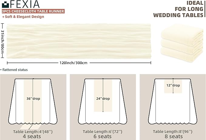 FEXIA 3 Pack Beige Table Runner 30x118 Inches Ivory Cheesecloth Rustic Boho Gauze for Wedding Baby Shower Bridal Shower First Communion Home Decorations
