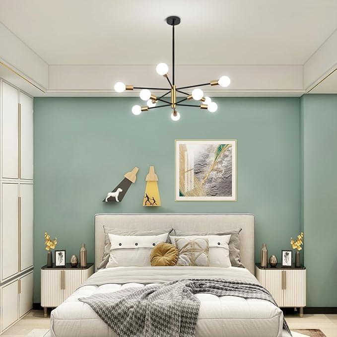 10-Light Modern Chandelier Sputnik Light Fixtures, Mid Century Chandelier Dining Room Light, Black and Gold Ceiling Lights Chandeliers for Bedroom Living Room Kitchen