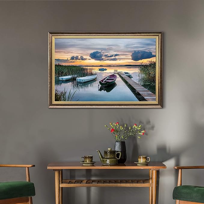 Lake Landscape Canvas Wall Art: Framed Country Scenery Painting Large Calming Rural View Artwork Relaxing Stunning Sunset Skyline Prints Casual Long Pier Picture for Office Living Room