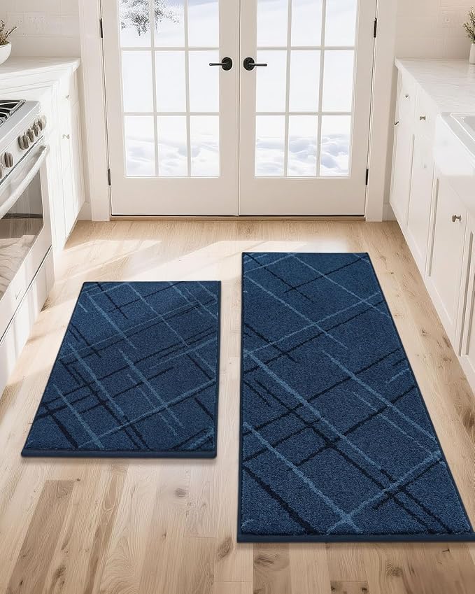 COSY HOMEER Kitchen Mats, 2 PCS Kitchen Rug Non Slip Washable, Absorbent Runner Rugs for Kitchen Floor, Polyester Kitchen Sink Rug 20"x32" + 20"x48"(Blue)