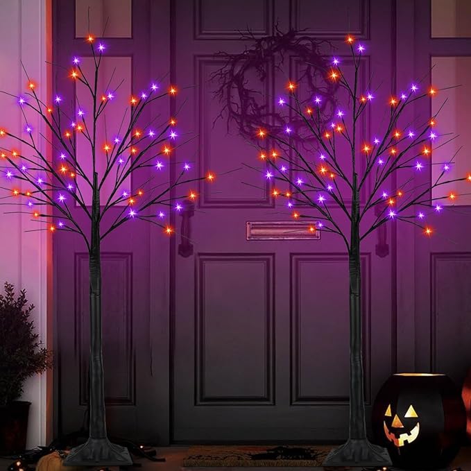 2Pack 5FT 200LED Black Halloween Tree with Lights, Timer Function with Higher Size Black Tree with Purple and Orange Lights, Spooky Light up Trees for Indoor Outdoor Party Garden Halloween Decorations