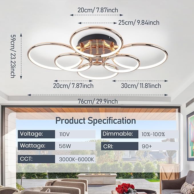 Modern Ceiling Lights, 6 Rings Dimmable Gold LED Ceiling Light Fixtures with Remote Control, 56W Close to Ceiling Lighting for Living Room, Bedroom, Dining Room