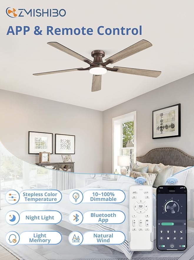 ZMISHIBO 60 Inch Ceiling Fan with Light, App&Remote Control, Flush Mount Low Profile, Dimmable 20W LED Light, Quiet Reversible Motor for Bedroom, Living Room, Apartment, Brown