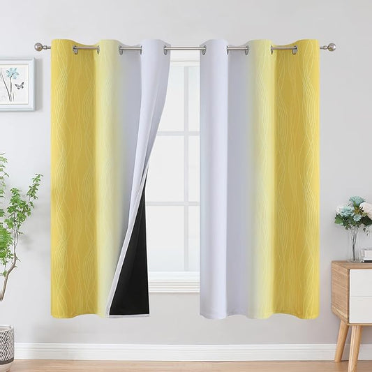 Estelar Textiler Yellow and Greyish White Blackout Curtains for Boys Bedroom, Thermal Insulated Ombre Blackout Drapes, Room Darkening Energy Saving Curtains for Living Room, 42Wx63L, 2 Panels
