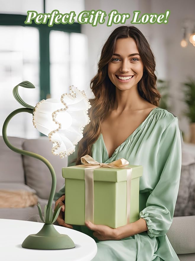 Flower Table Lamp Bedside Lamps LED Reading Light,3 Color Modes Cute Small Lamp,Vintage Flower Lamp Kawaii Table Lamp for Bedroom Living Room Office Dorm Desk Home Decor (Pearl Green lamp)