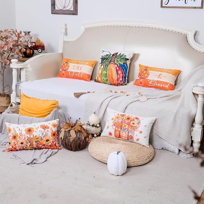 GEEORY Fall Throw Pillow Covers 12x20 Inch Set of 4, Pumpkins Floral Mason Jars Happy Fall Y'all Thankful & Blessed Orange Autumn Seasonal Decorative Farmhouse Decoration for Home G552-12