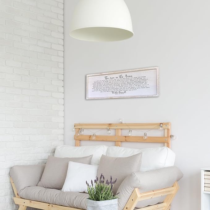 Surfapans The Man In The Arena Wall Decor 40"x15" Morden Office Motivational Wood Framed Sign For Men Large Farmhouse Living Room Inspirational Quotes Positive Speech Home Wall Decoration (White)