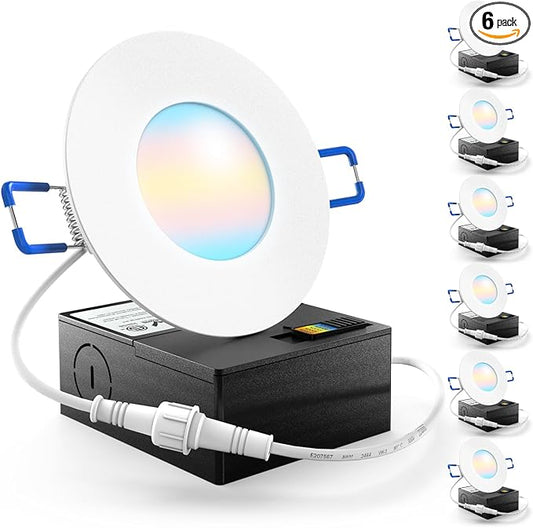 Sunco 6 Pack 3 Inch Recessed LED Lights, Ultra Thin Ceiling Lighting, 500 LM, 8W (50W Equivalent), Selectable 2700K/3000K/4000K/5000K/6000K, Dimmable, Wafer Thin, Canless with Junction Box