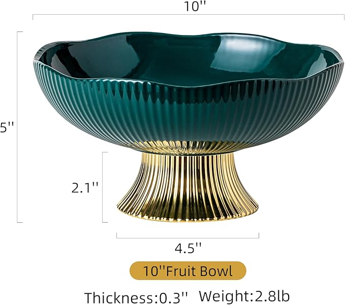 Ceramic Fruit Bowl,10” Pedestal Bowl, Decorated Fruit Tray for Kitchen Counter and Dining Table, Footed Bowls for Afternoon Tea Parties, Bread and Salad Bowl with Golden Feet. (green)
