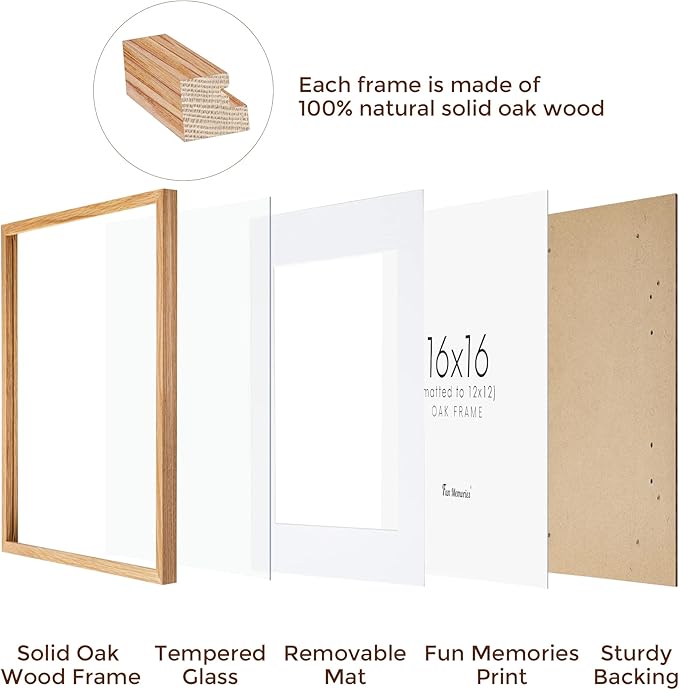 Solid Oak Wood 16x16 Picture Frames, 16"x16" Picture Frame Matted to 12"x12", Square Frames 16 x 16 with Tempered Glass, 16 by 16 Photo Frame for Wall (Beige Oak Color, 3 Pack)