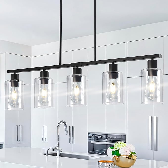 Black Linear Chandelier for Kitchen Island - 5 Light Pendant Lighting Fixture with Glass Shades, Adjustable Height Farmhouse Dining Room Hanging Light