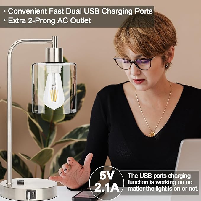 Industrial Touch Control Table Lamps Set of 2 - Brushed Nickel Nightstand Bedside Lamps with 2 USB Ports & AC Outlet, 3-Way Dimmable Desk Lamp for Bedroom Living Room, Glass Shade & LED Bulbs Included