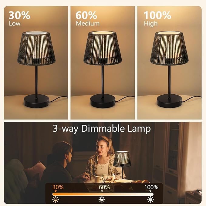 Touch Boho Lamp Dimmable, 3-Way Bedside Table Lamp 14.2", Rope Light for Bedroom Nightstand Farmhouse, Bulb Included, 2 Packs (Black)