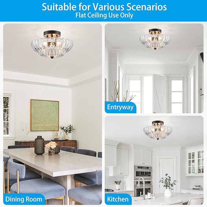 XINGQI Modern Chandelier Vintage Semi Flush Mount Ceiling Light Fixture Small Black 3-Light Close to Ceiling Scalloped with Clear Glass Shade for Living Room Entryway Bedroom Closet