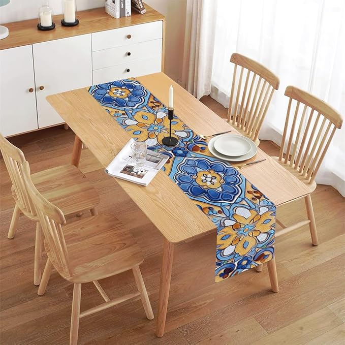 ANNA QUEEN Flowers Table Runner 13 x 72 Inch for Dining Table, Table Runner for Spring & Holiday Dining Decor Indoor Outdoor Party Home Table Decoration (Retro Pattern)