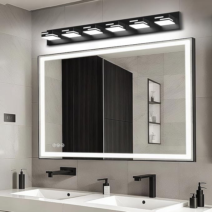 LED Modern Bathroom Vanity Light Fixtures, 6-Light 40-inch Dimmable Matte Black Vanity Lights for Bathroom Lighting Fixtures Over Mirror, with 350° Rotatable Acrylic Heads (Cool White 6000K)