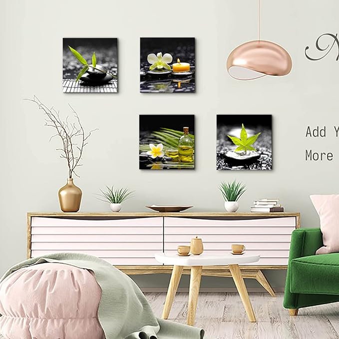 Yxbhhym-Black Art Zen Canvas Wall Art Meditation Wall Picture Green Poster Stone photo prints Massage Painting bathroom pictures for wall Living Room Wall Decor Bedroom Decorations Framed