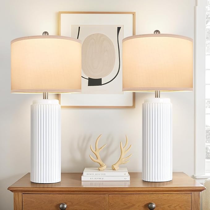 TOBUSA 28’’ Modern White Ceramic Lamps Set of 2 for Living Room, Vintage Nightstand Lamps for Bedroom, Farmhouse Bedside Lamps with Linen Shade, Elegant Decor Lamp Sets for Home Office