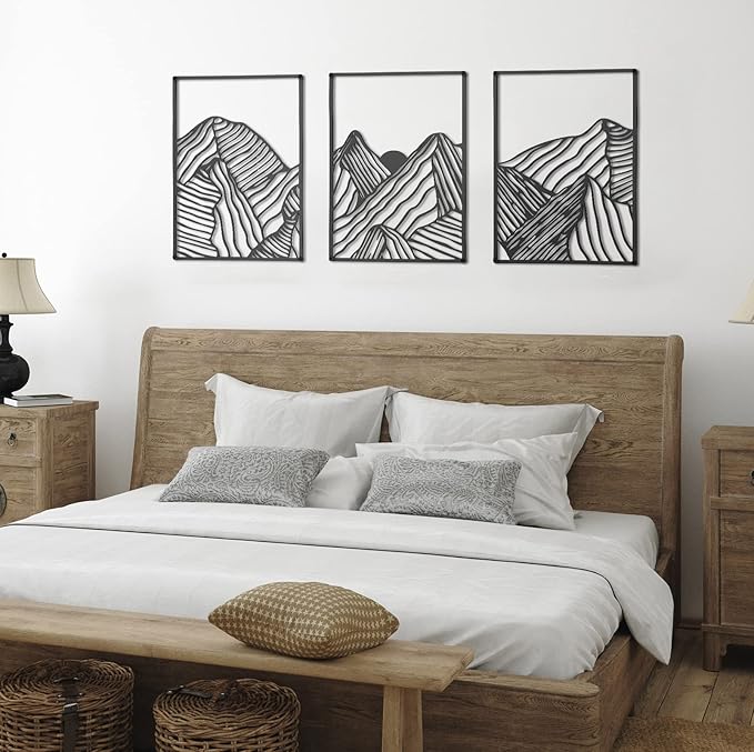Peryiter 3 Pcs Metal Wall Art Decor Landscape Mountain Wall Hanging Decor for Living Room Abstract Minimalist Modern Mountain Line Pictures Summer Bathroom Office Home Gifts Indoor(Black)