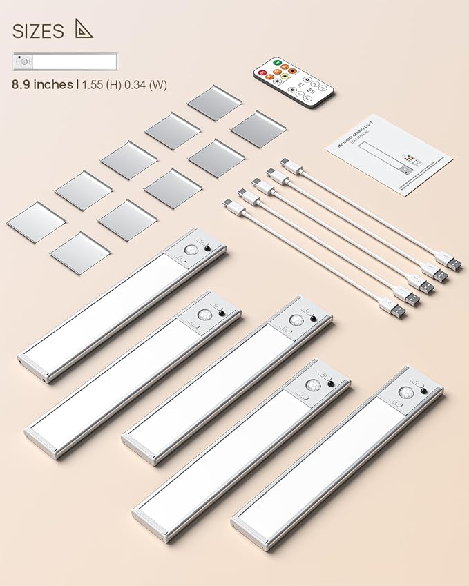 Under Cabinet Lights Wireless,Motion Sensor Light Indoor Closet Lights with Remote Control,3 Color Temps,LED Rechargeable Battery Operated,Under Counter Lights for Kitchen,Wardrobe,Stairs,5 Pack