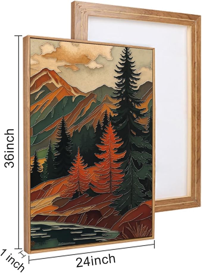HPINUB Abstract Boho Mountain Framed Canvas Wall Art Set,Vibrant Forest Pine Tree Wall Decor,Textured Landscape Artwork Rustic Linear Scenery Art Print for Living Room,Bedroom,Office-24 x36 x3