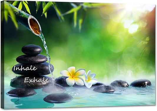 YIOZHAOFH Spa Canvas Print Art Nature Zen Painting Relaxing Bathroom Wall Art Decor White Lotus Pictures Framed Artwork Inhale Exhale Poster Office Decor for Spa Room Bedroom (28L x 44W)