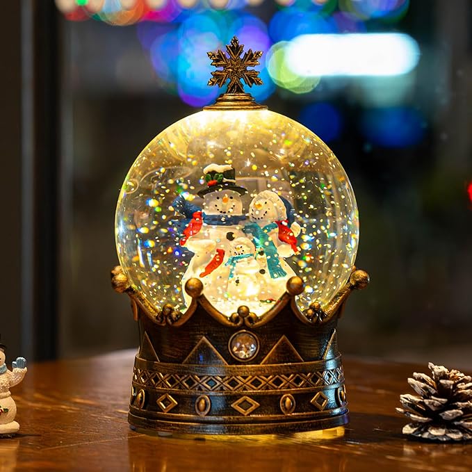 Snow Globe Lighted Christmas Decorations, Snowman Family Musical Crown Snow Globe Lantern with Swirling Glitter, Christmas Holiday Party Gifts and Decorations