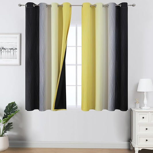 Estelar Textiler Black and Yellow Blackout Curtains 54 Inches Long, Full Light Blocking Gradient Grommet Drapes for Kitchen, Thermal Insulated Ombre Curtains for Bedroom, 52Wx54L, 2 Panels