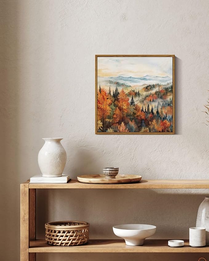 InSimSea Square Framed Canvas Wall Art, Autumn Prints Classical Landscape Pine Forest In The Morning Mist, Fall Home Wall Decor for Living Room, Bedroom, Bathroom, Office 12"x12"