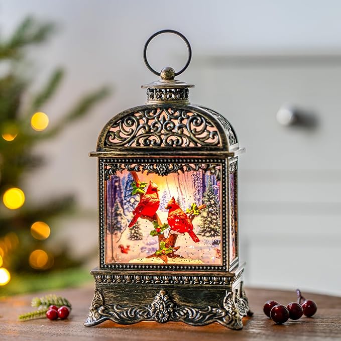 Christmas Snow Globe Lighted Cardinal Scene, Musical Snow Water Lantern Swirling Glittering Holiday Decoration and Gift for Family Children or Friends