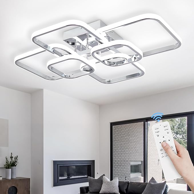 31.5" Modern LED Ceiling Light 6-Square Dimmable Ceiling Light Fixtures with Remote 3000K-6000K Chrome Close to Ceilings Lamp 60W Flush Mount Ceiling Lamp for Living Room, Bedroom