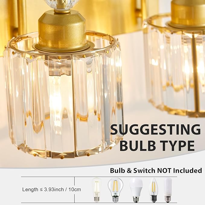 Bathroom Vanity Light Fixtures Over Mirror - Makeup Lighting Pure Gold - for Modern Wall, Bath, Desk, Farmhouse, Hallway - 4 Crystal Lights