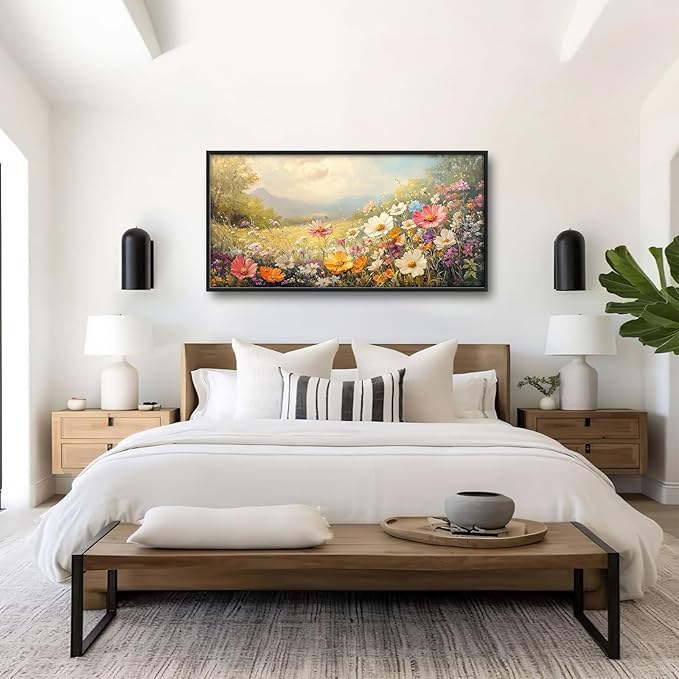 Colorful Wildflower Framed Wall Art for Living Room, Large Gesang Flower Canvas Wall Decor, Wildflower Pictures Painting, Modern Artwork for Bathroom Bedroom 60L'' × 30W''