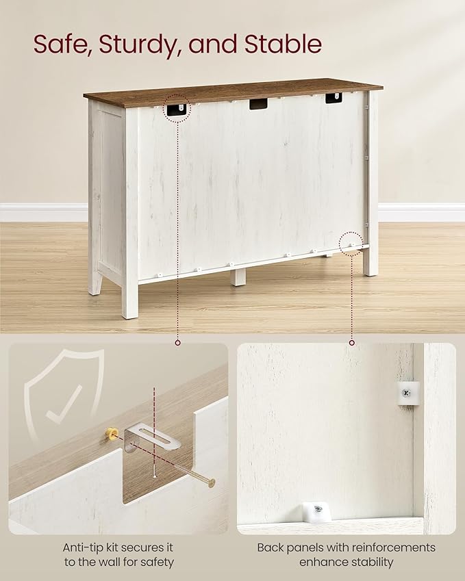VASAGLE LIRY Collection - Buffet Cabinet, Coffee Bar Cabinet with 3 Drawers, Adjustable Shelves, Sideboard Storage with Cable Holes, Drawer Dividers, Rustic White and Honey Brown UBBK371W01V1