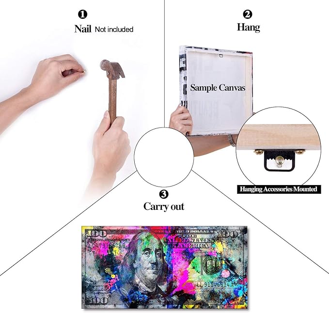 Abstract Creative Money Pop Art Print Contemporary Entrepreneur Inspirational 100 Bill Dollar Giclee Canvas Wall Art Painting Positive Modern Art for Bedroom Dinning Room Frame Easy to Hang-40"Wx20"H