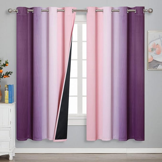 Estelar Textiler Ombre Pink and Purple Blackout Curtains 72 Inch Length 2 Panels, Full Light Blocking Curtains for Bedroom, Grommet Thermal Insulated Gradient Drapes for Living Room, 52x72 Inch