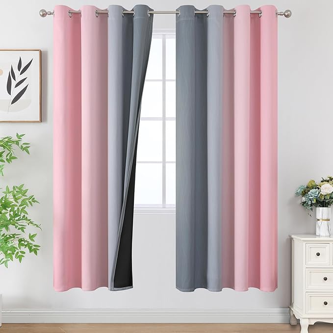 Estelar Textiler Ombre Grey and Pink Blackout Curtains 72 Inch Length 2 Panels, Full Room Darkening Blackout Curtains for Bedroom, Grommet Thermal Insulated Gradient Drapes for Kids Room, 52x72 Inch