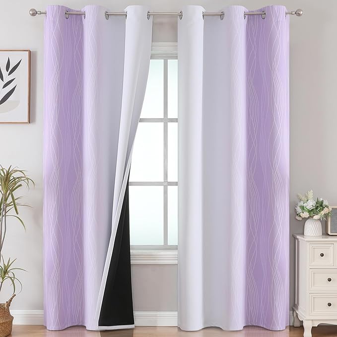 Estelar Textiler Lilac and Greyish White Room Darkening Blackout Curtains 84 Inches Long for Living Room, Thermal Insulated Ombre Light Blocking Grommet Blackout Drapes for Bedroom, 42Wx84L, 2 Panels
