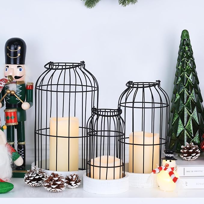 DECORKEY Rustic Farmhouse Lantern Decor Set of 3 Lanterns Decorative Indoor and Outdoor, Fireplace Mantle or Kitchen Dining Table - Modern Upscale Beauty for Home