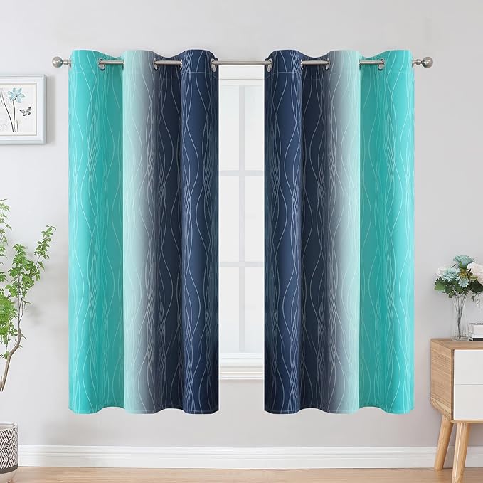 Estelar Textiler Teal and Navy Blue Blackout Curtains for Boys Bedroom, Full Room Darkening Grommet Ombre Curtains for Living Room, Thermal Insulated Light Blocking Gradient Drapes, 42Wx63L, 2 Panels