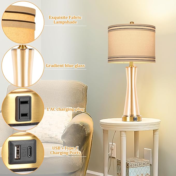 27.4''Table Lamps for Living Room Set of 2,3-Way Dimmable Modern Glass Bedside Lamps with USB Ports,Tall Lamps for Night Stands,Touch End Table Lamps for Bedroom Desk Lamps for Home Office(Glod)