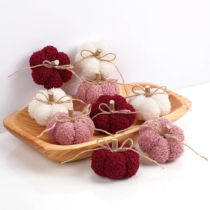 Fake Fall Pumpkin Decorations for Home, 9 Pcs Artificial Mini Fabric Pumpkins Autumn Decor, Fake Pumpkins for decorating, Fall Table Centerpiece Harvest Decor, Halloween, Thanksgiving, Burgundy & Pink