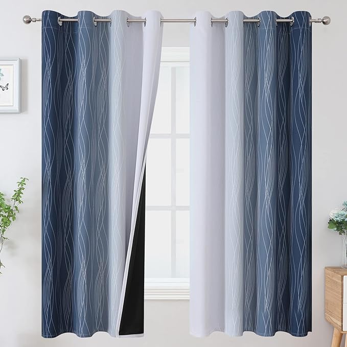 Estelar Textiler Full Room Darkening Greyish White and Navy Blue Blackout Curtains 63 Inch Length 2 Panels Set,Ombre Thermal Insulated Full Light Blocking Grommet Blackout Drapes for Boys Room,52Wx63L
