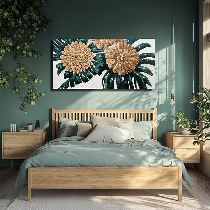 Botanical Canvas Art Gold Flowers Painting Dark Green Leaves Wall Art Photo Prints for Dining Room Office 24x48 Inch Rustic Home Decor